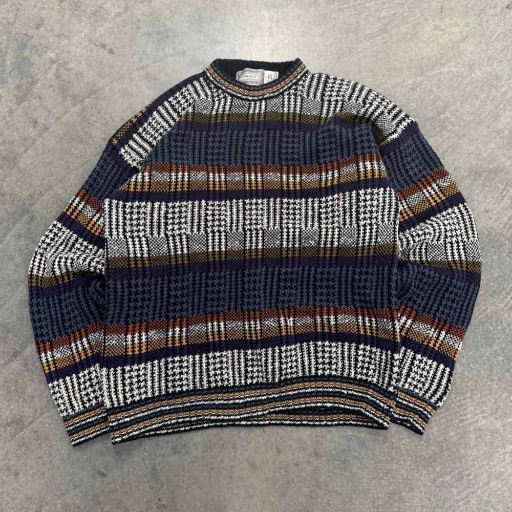 Vintage Chunky Cotton Sweater 90's Fisherman Stripped Retro Knit Large